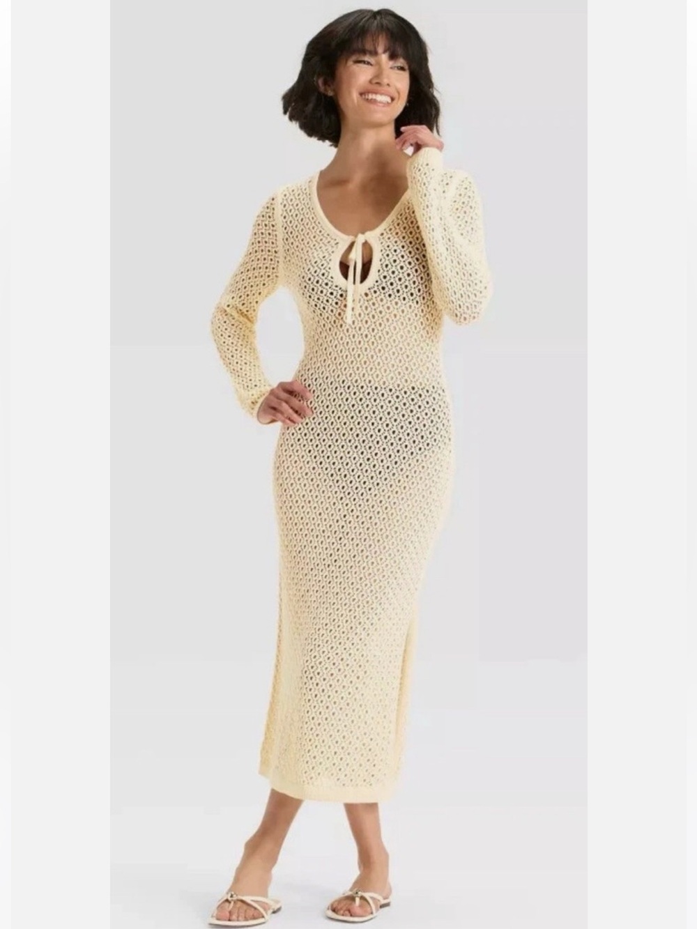 Crochet Long Sleeve Maxi Cover-Up Dress in Cream